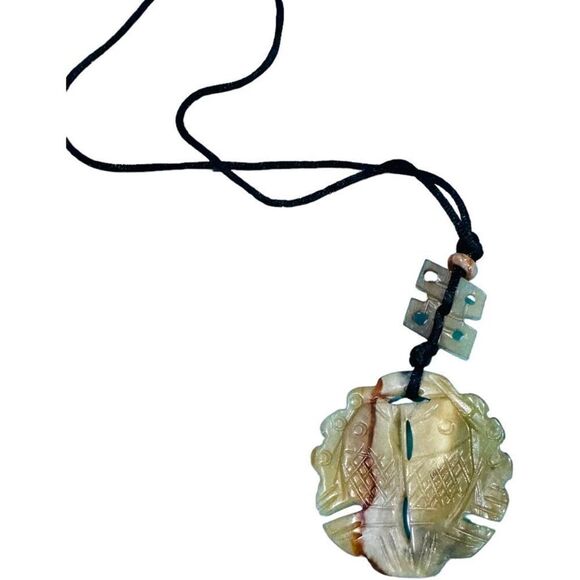 JADE JADEITE Antique Vintage Koi Fish Oriental Carved Pendant on Silk Cord Long - Picture 3 of 6